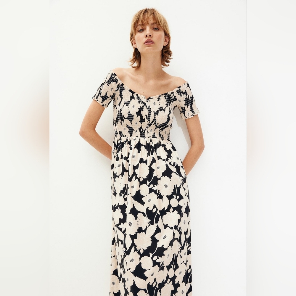 SMOCKED OFF-THE-SHOULDER DRESS